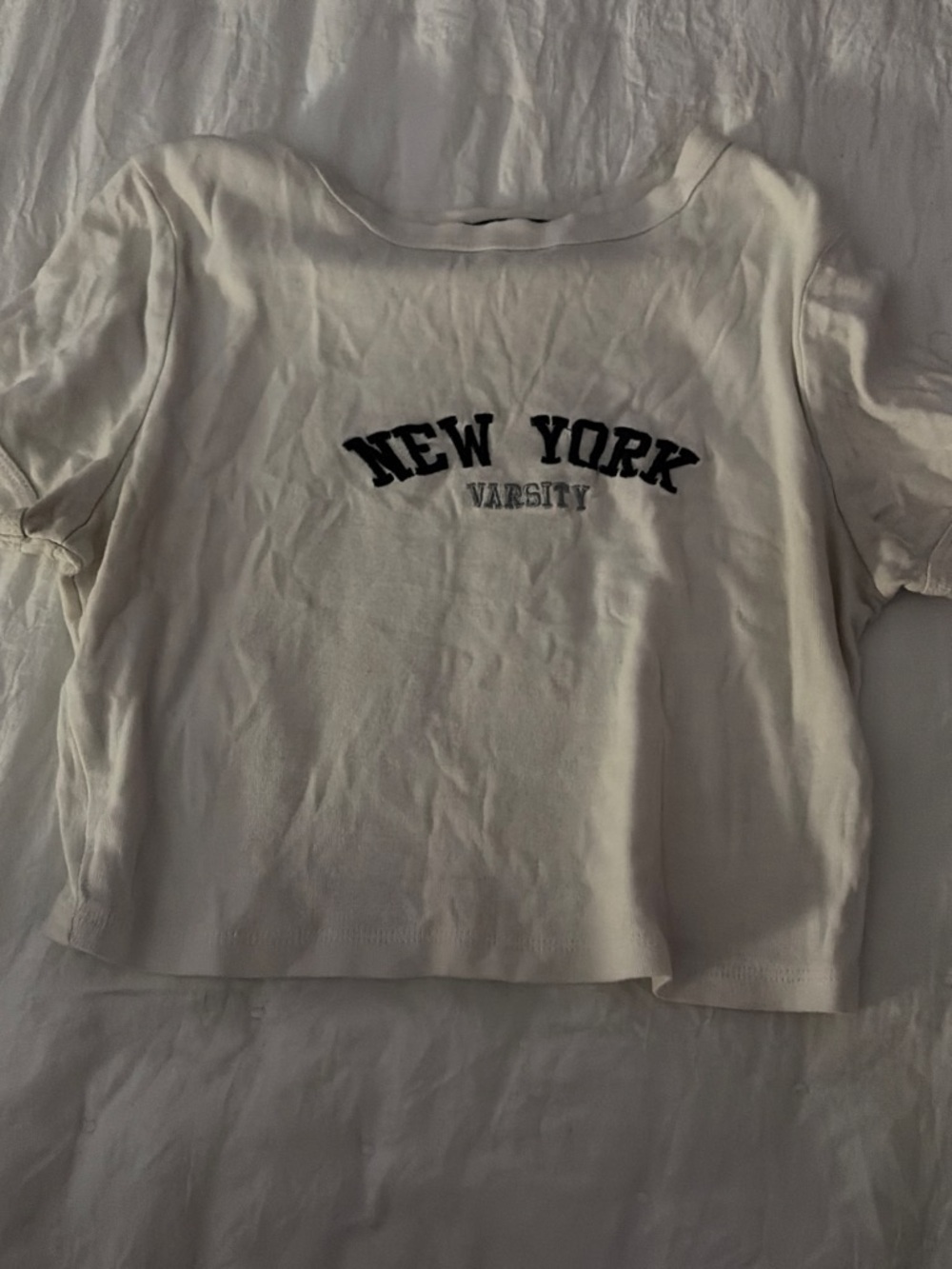 Streetwear Society White Crop Tee with Black NEW YORK Varsity Graphic